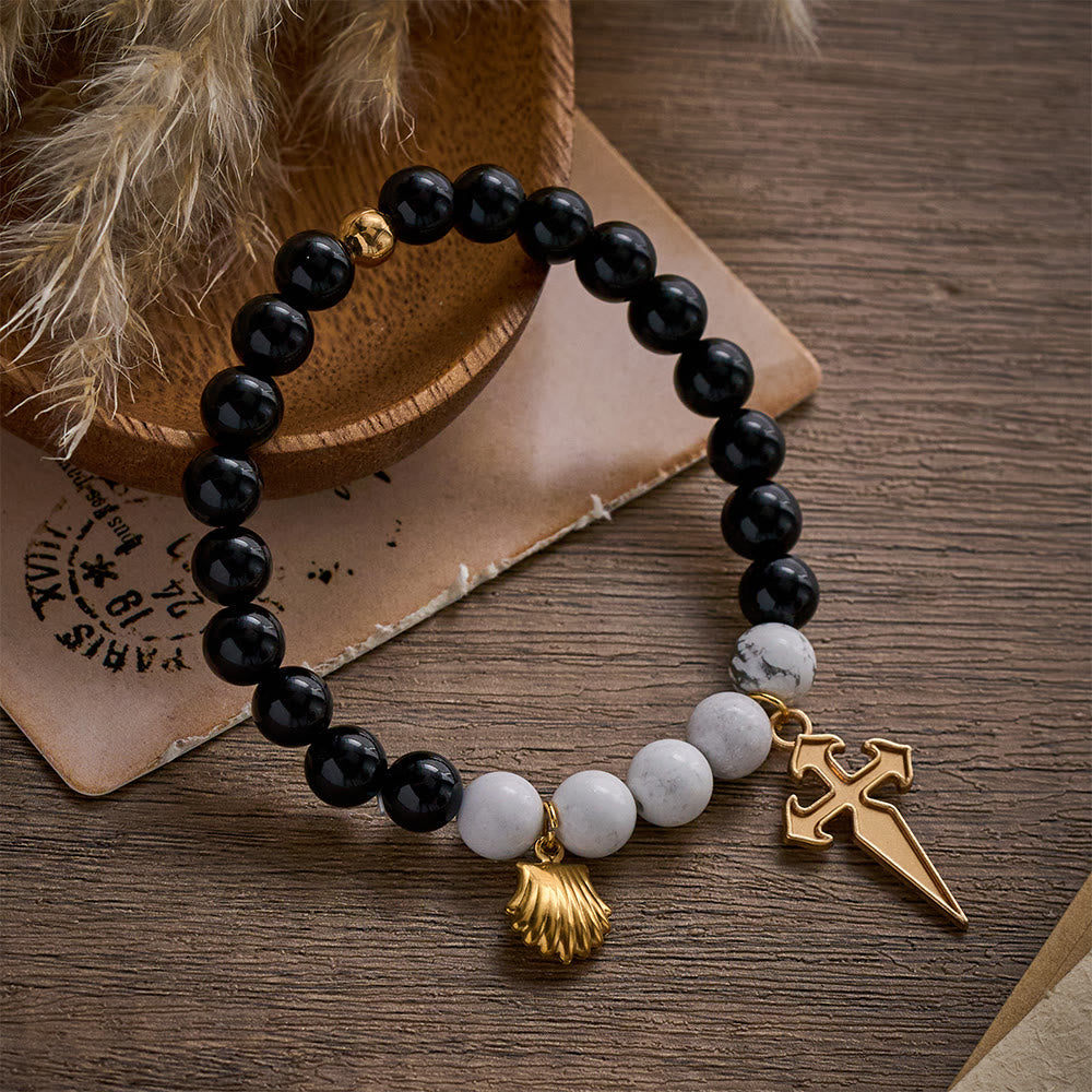 SolaceBeads Black Agate &amp; White Turquoise St. James Pilgrim Stone Bracelet: Rooted in Camino Faith