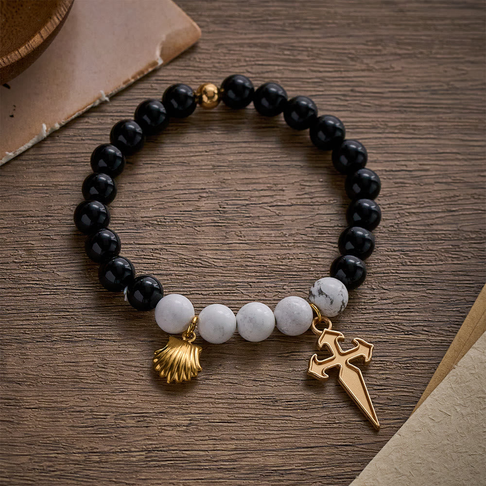 SolaceBeads Black Agate & White Turquoise St. James Pilgrim Stone Bracelet: Rooted in Camino Faith