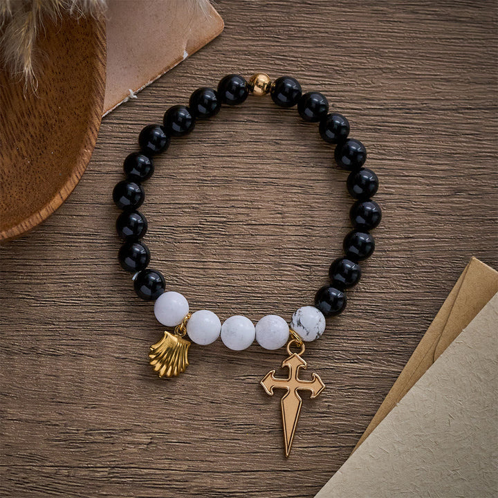 SolaceBeads Black Agate &amp; White Turquoise St. James Pilgrim Stone Bracelet: Rooted in Camino Faith