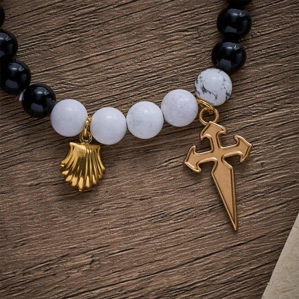 SolaceBeads Black Agate &amp; White Turquoise St. James Pilgrim Stone Bracelet: Rooted in Camino Faith