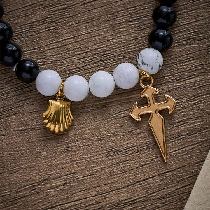 SolaceBeads Black Agate &amp; White Turquoise St. James Pilgrim Stone Bracelet: Rooted in Camino Faith