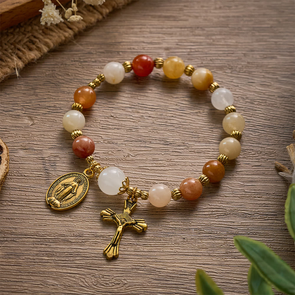 SolaceBeads Natural Gold Silk Jade &amp; White Jade Adjustable Rosary Bracelet: Warm Blessing of Maria