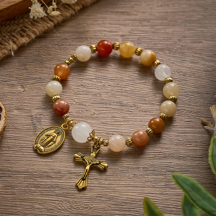 SolaceBeads Natural Gold Silk Jade &amp; White Jade Adjustable Rosary Bracelet: Warm Blessing of Maria