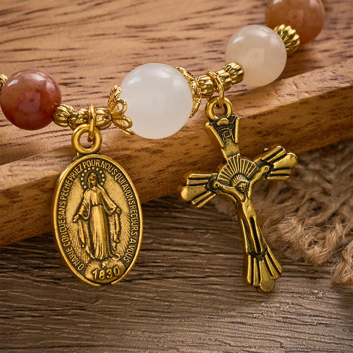 SolaceBeads Natural Gold Silk Jade &amp; White Jade Adjustable Rosary Bracelet: Warm Blessing of Maria