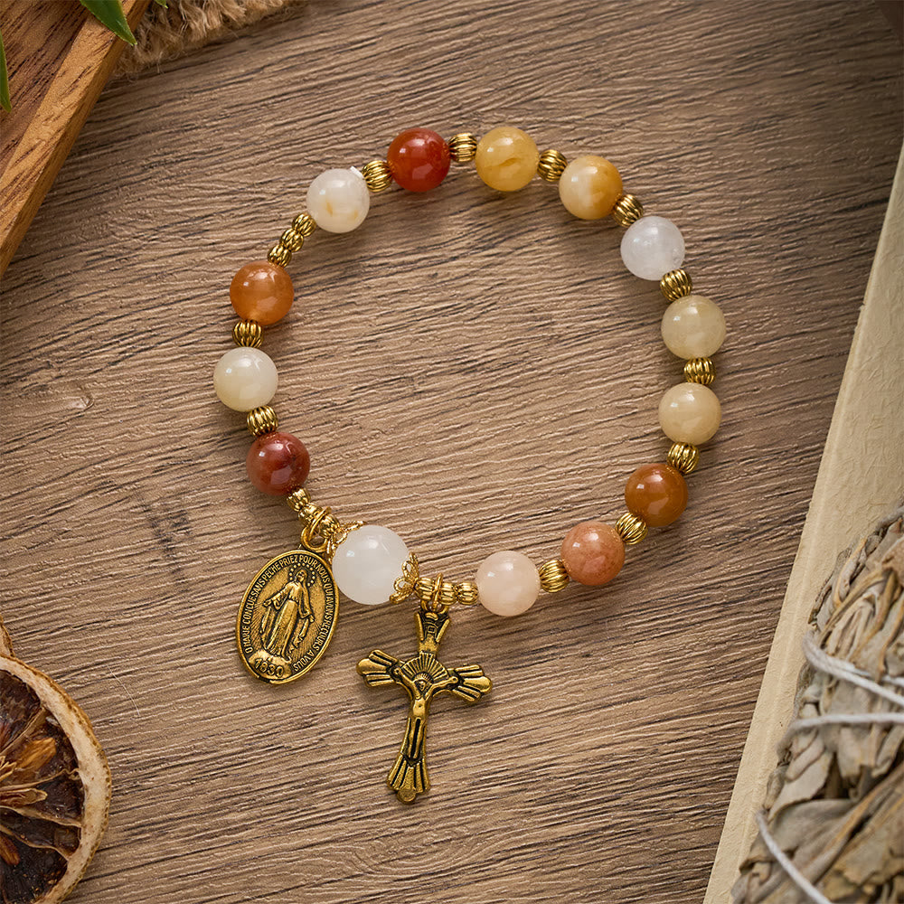 SolaceBeads Natural Gold Silk Jade &amp; White Jade Adjustable Rosary Bracelet: Warm Blessing of Maria