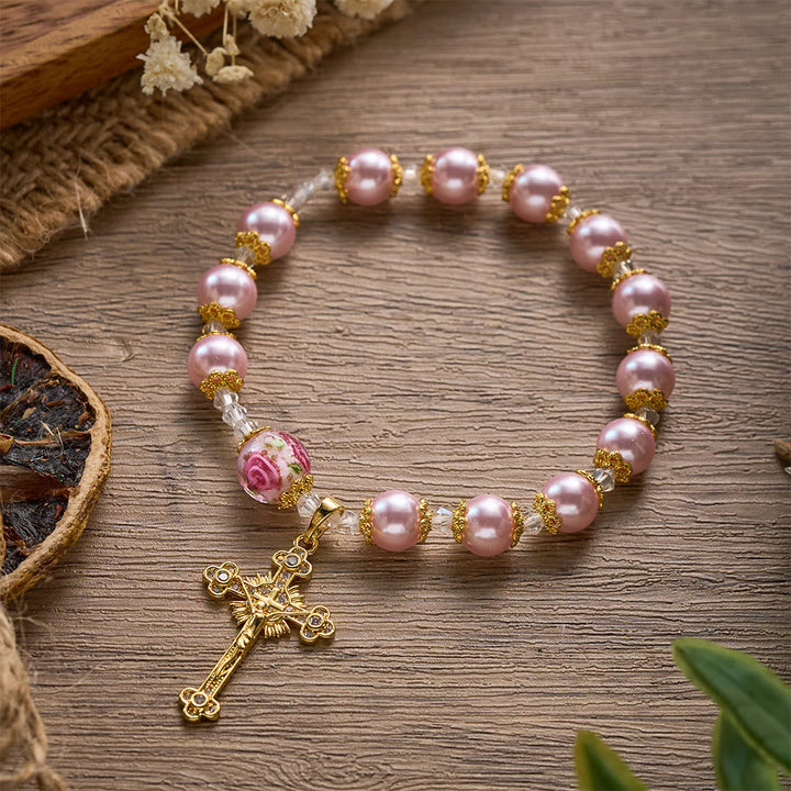 SolaceBeads Lustrous Pink Lampwork Rosary Bracelet With Ornate Crucifix: Grace of Rosy Devotion