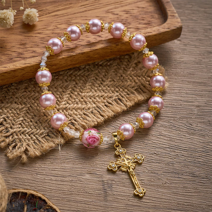 SolaceBeads Lustrous Pink Lampwork Rosary Bracelet With Ornate Crucifix: Grace of Rosy Devotion