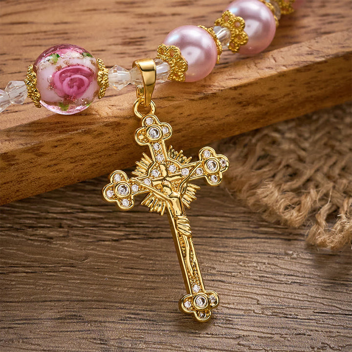 SolaceBeads Lustrous Pink Lampwork Rosary Bracelet With Ornate Crucifix: Grace of Rosy Devotion