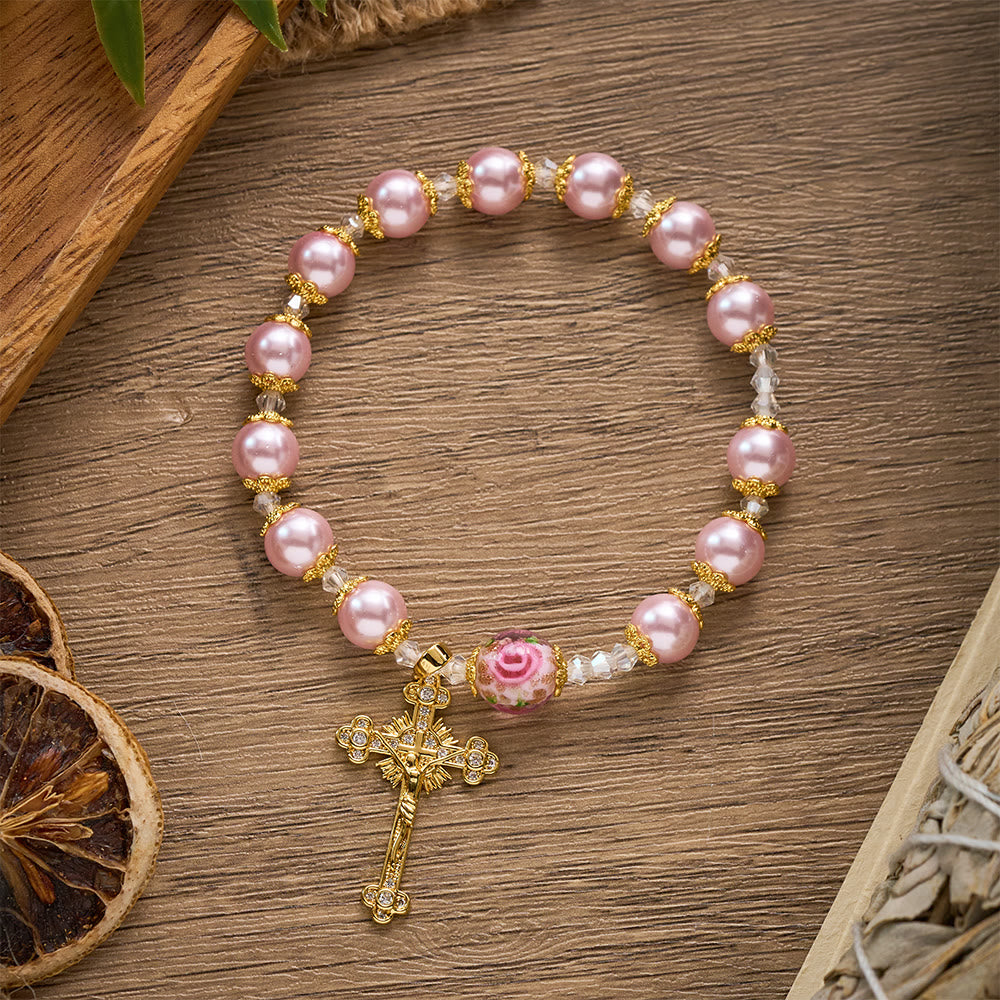 SolaceBeads Lustrous Pink Lampwork Rosary Bracelet With Ornate Crucifix: Grace of Rosy Devotion