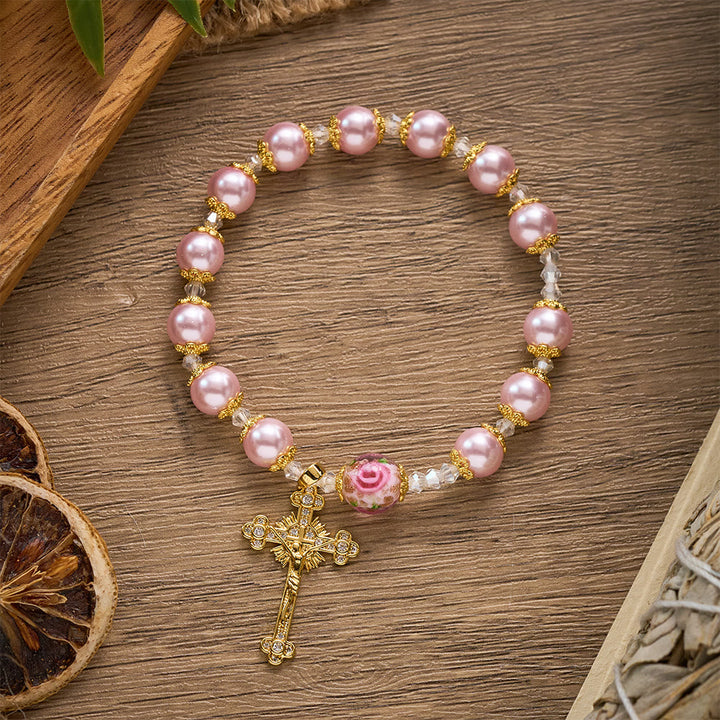 SolaceBeads Lustrous Pink Lampwork Rosary Bracelet With Ornate Crucifix: Grace of Rosy Devotion