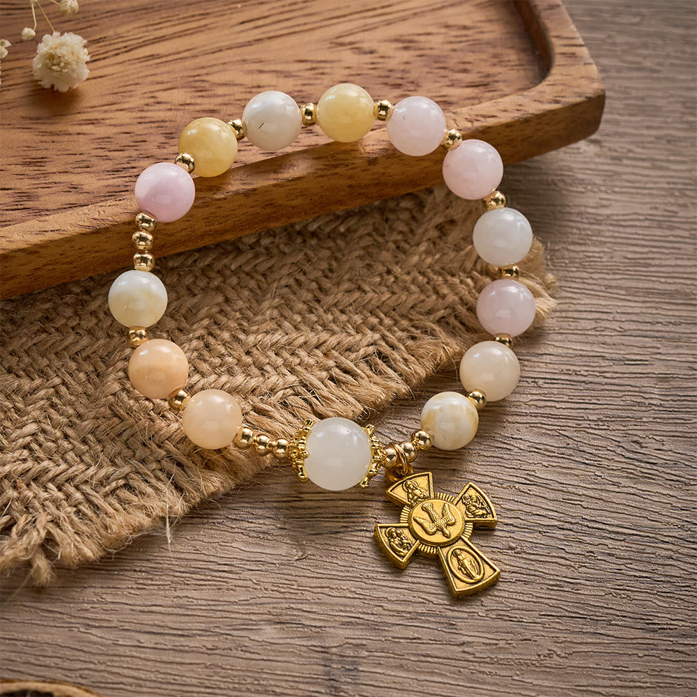 SolaceBeads Pastel Jade Rosary Bracelet: Holy Spirit Four-Way Cross, Gentle Faith