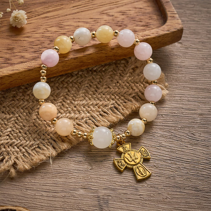 SolaceBeads Pastel Jade Rosary Bracelet: Holy Spirit Four-Way Cross, Gentle Faith