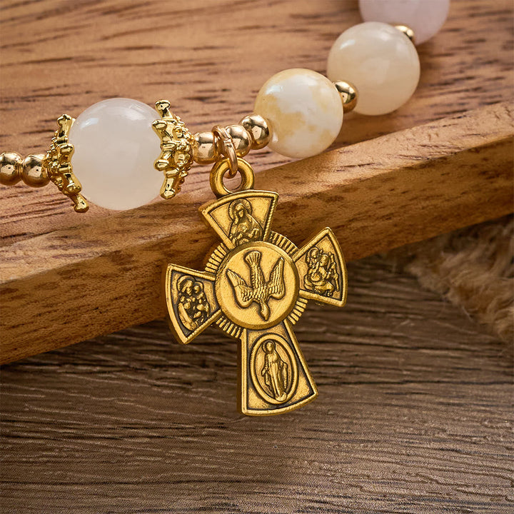SolaceBeads Pastel Jade Rosary Bracelet: Holy Spirit Four-Way Cross, Gentle Faith
