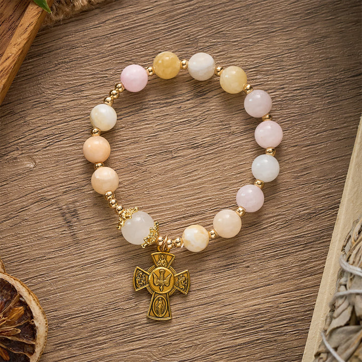 SolaceBeads Pastel Jade Rosary Bracelet: Holy Spirit Four-Way Cross, Gentle Faith