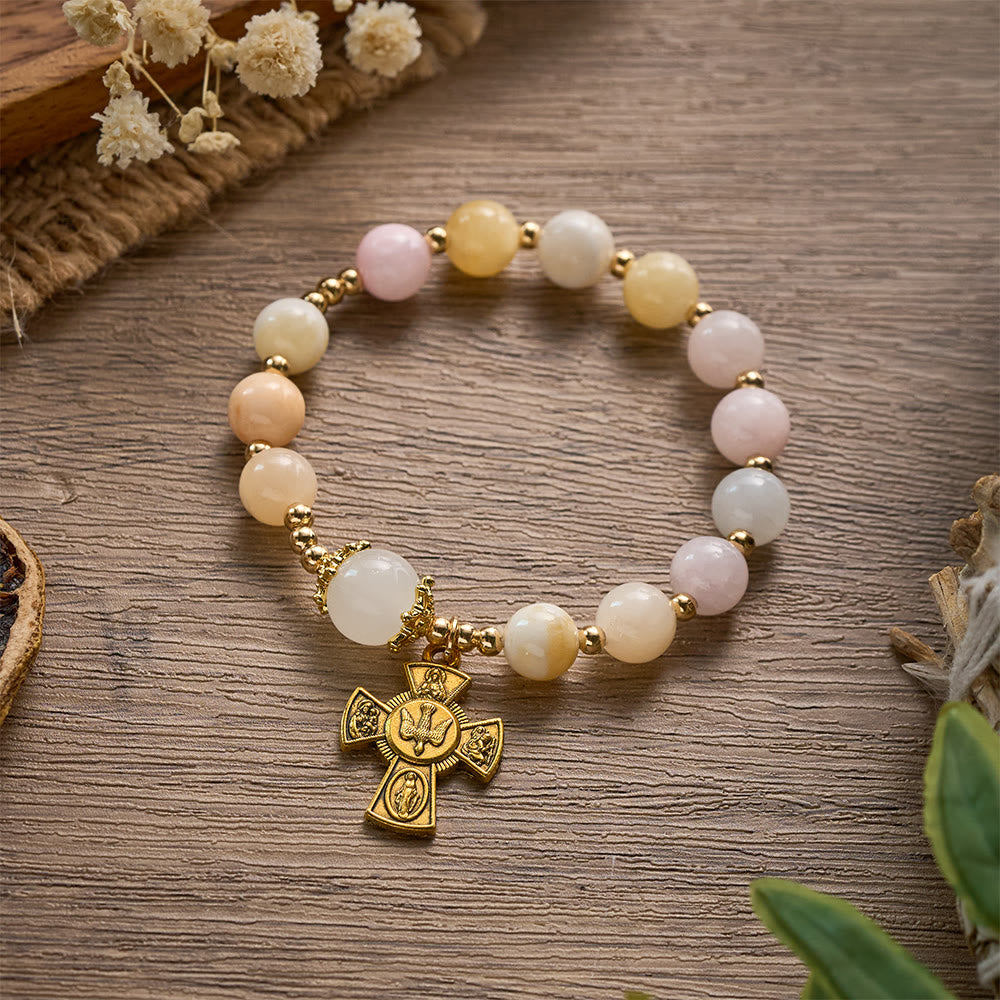 SolaceBeads Pastel Jade Rosary Bracelet: Holy Spirit Four-Way Cross, Gentle Faith