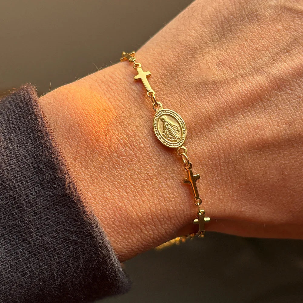 Cross Bracelet Unisex in 18K Real Gold Plated 304 Stainless Steel Featuring Electroplated Finish Religious Style - Nihaojewelry