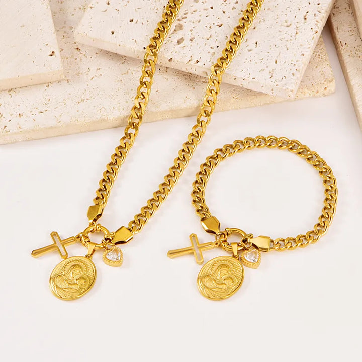 Cross Jewelry Set for Women, 304 Stainless Steel, 18K Gold Plated PVD Coated, Acrylic Inlay, Cable Chain - Nihaojewelry