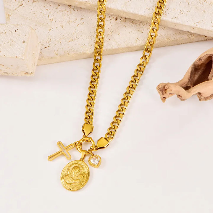 Cross Jewelry Set for Women, 304 Stainless Steel, 18K Gold Plated PVD Coated, Acrylic Inlay, Cable Chain - Nihaojewelry