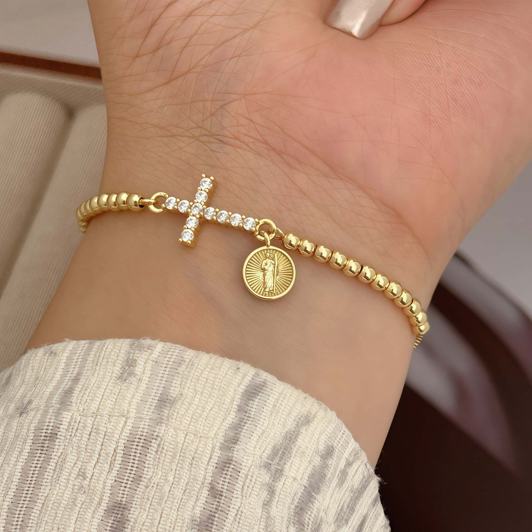 18K Gold Plated Copper Plated Cross Saint Benedict Virgin Mary Elegant Religion Classic Style ball chain Bracelets Drawstring Bracelets For Unisex - Nihaojewelry