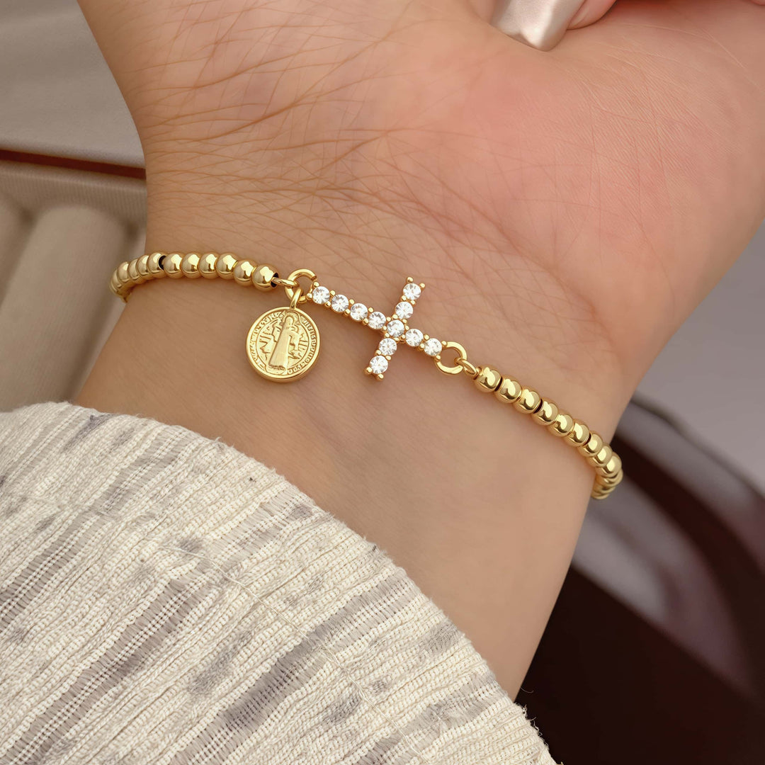 18K Gold Plated Copper Plated Cross Saint Benedict Virgin Mary Elegant Religion Classic Style ball chain Bracelets Drawstring Bracelets For Unisex - Nihaojewelry
