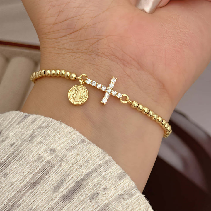 18K Gold Plated Copper Plated Cross Saint Benedict Virgin Mary Elegant Religion Classic Style ball chain Bracelets Drawstring Bracelets For Unisex - Nihaojewelry