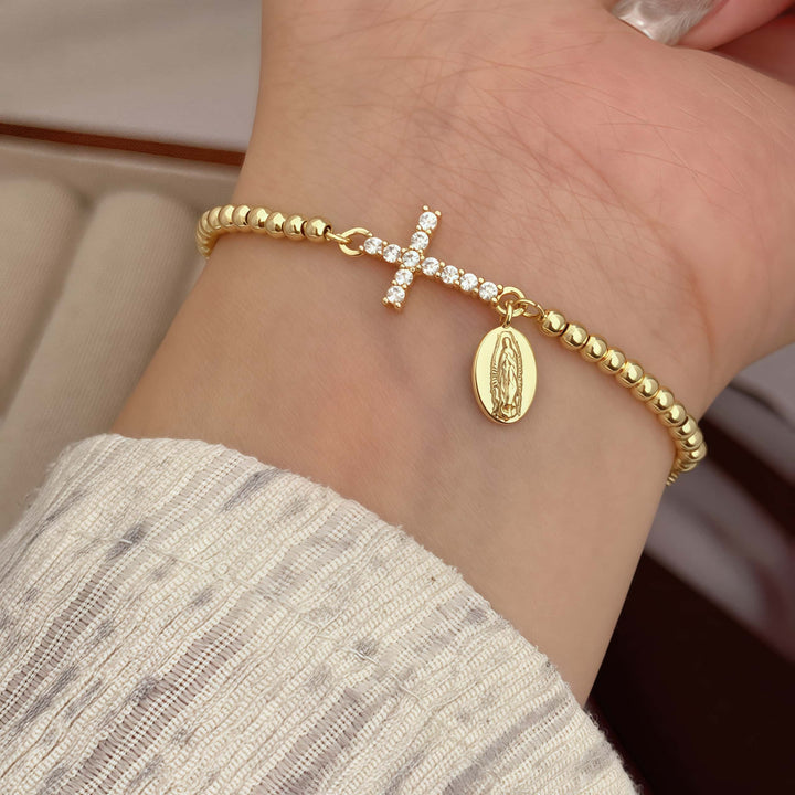 18K Gold Plated Copper Plated Cross Saint Benedict Virgin Mary Elegant Religion Classic Style ball chain Bracelets Drawstring Bracelets For Unisex - Nihaojewelry