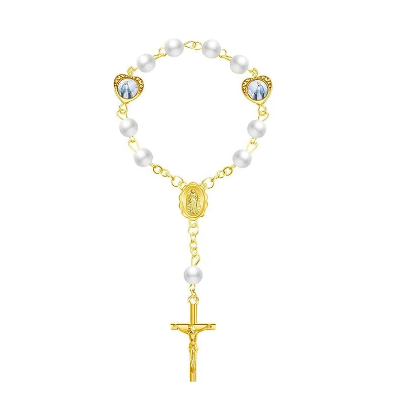 Elegant Imitation Pearl Heart Cross Rosary Bracelet for Adults Unisex - Nihaojewelry
