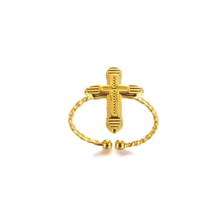 18K Real Gold Plated Cross Open Ring for Women Stainless Steel Waterproof Daily Wear - Nihaojewelry
