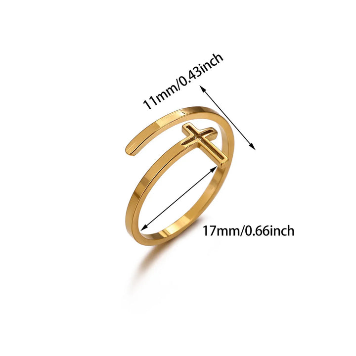 18K Real Gold Plated Cross Open Ring for Women Stainless Steel Waterproof Daily Wear - Nihaojewelry