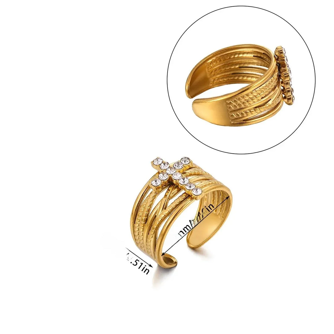 18K Real Gold Plated Cross Open Ring for Women Stainless Steel Waterproof Daily Wear - Nihaojewelry