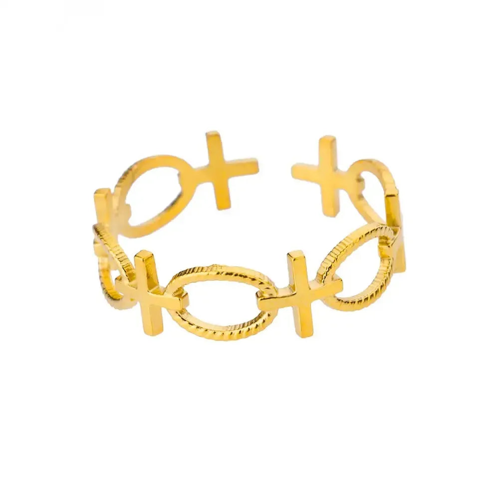 18K Real Gold Plated Cross Open Ring for Women Stainless Steel Waterproof Daily Wear - Nihaojewelry