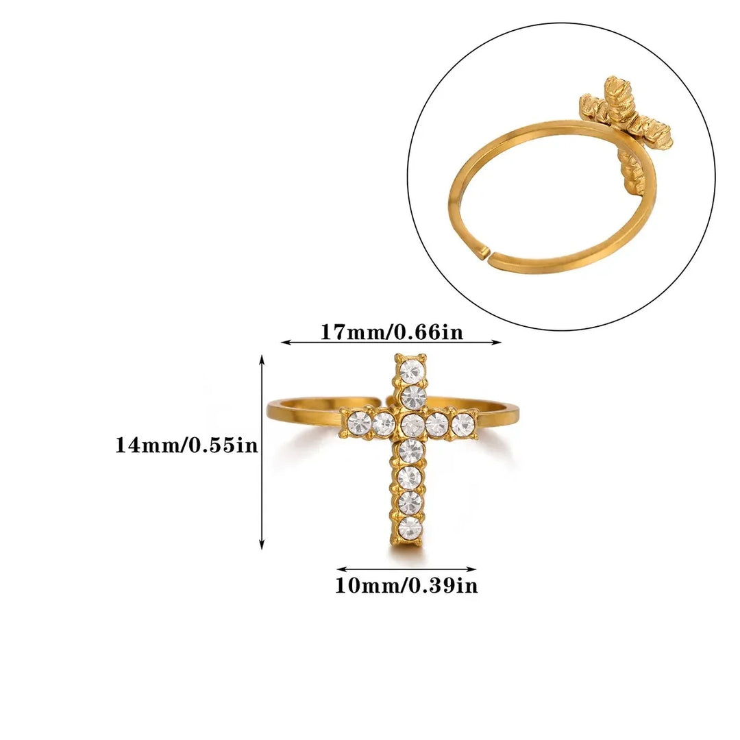 18K Real Gold Plated Cross Open Ring for Women Stainless Steel Waterproof Daily Wear - Nihaojewelry