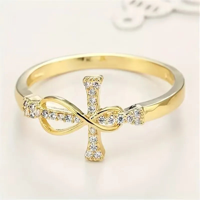 Unisex Alloy Cross Ring For Everyday Wear, Golden Plated with Rhinestones, Featuring 0.03µm-0.05µm Plating Thickness - Nihaojewelry UK