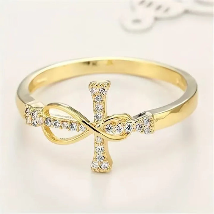 Unisex Alloy Cross Ring For Everyday Wear, Golden Plated with Rhinestones, Featuring 0.03µm-0.05µm Plating Thickness - Nihaojewelry UK