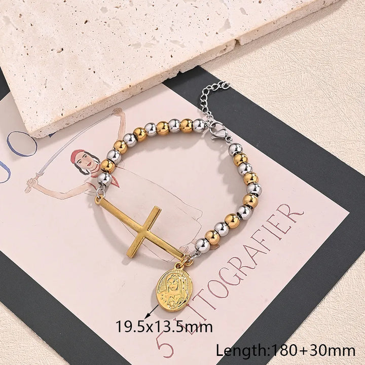 Casual Religion Simple Style Cross Virgin Mary Priest 304 Stainless Steel 18K Gold Plated ball chain Bracelets In Bulk - Nihaojewelry