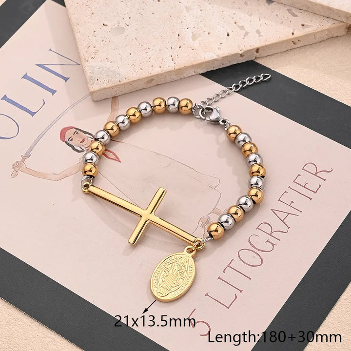 Casual Religion Simple Style Cross Virgin Mary Priest 304 Stainless Steel 18K Gold Plated ball chain Bracelets In Bulk - Nihaojewelry