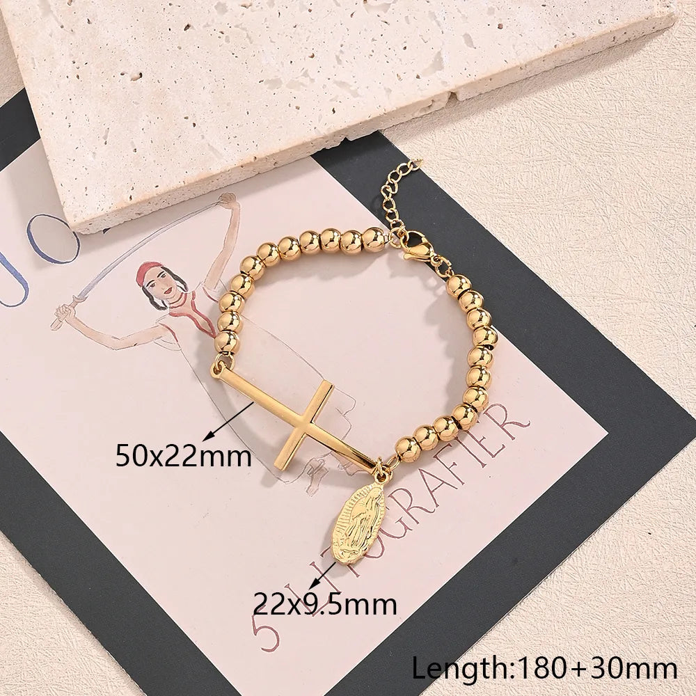 Casual Religion Simple Style Cross Virgin Mary Priest 304 Stainless Steel 18K Gold Plated ball chain Bracelets In Bulk - Nihaojewelry