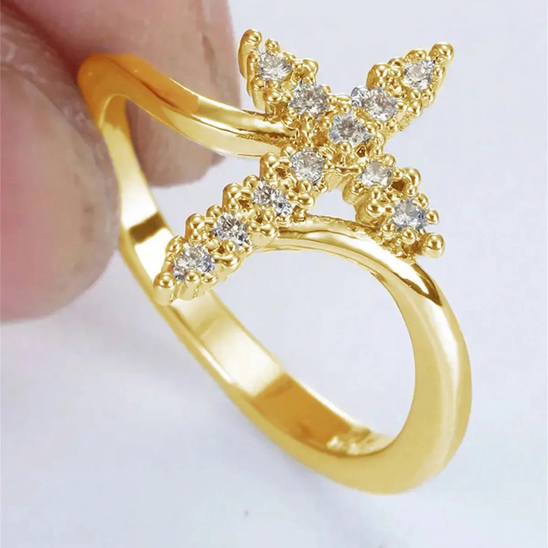 Women’s Cross Ring with Claw Setting, Copper Base with KC Golden Water Plating, Featuring Zircon Inlay - Nihaojewelry