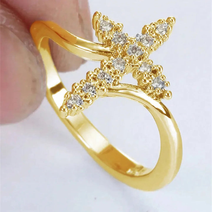 Women’s Cross Ring with Claw Setting, Copper Base with KC Golden Water Plating, Featuring Zircon Inlay - Nihaojewelry