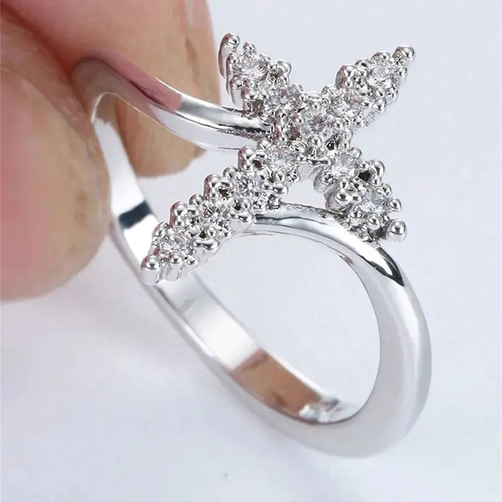 Women’s Cross Ring with Claw Setting, Copper Base with KC Golden Water Plating, Featuring Zircon Inlay - Nihaojewelry