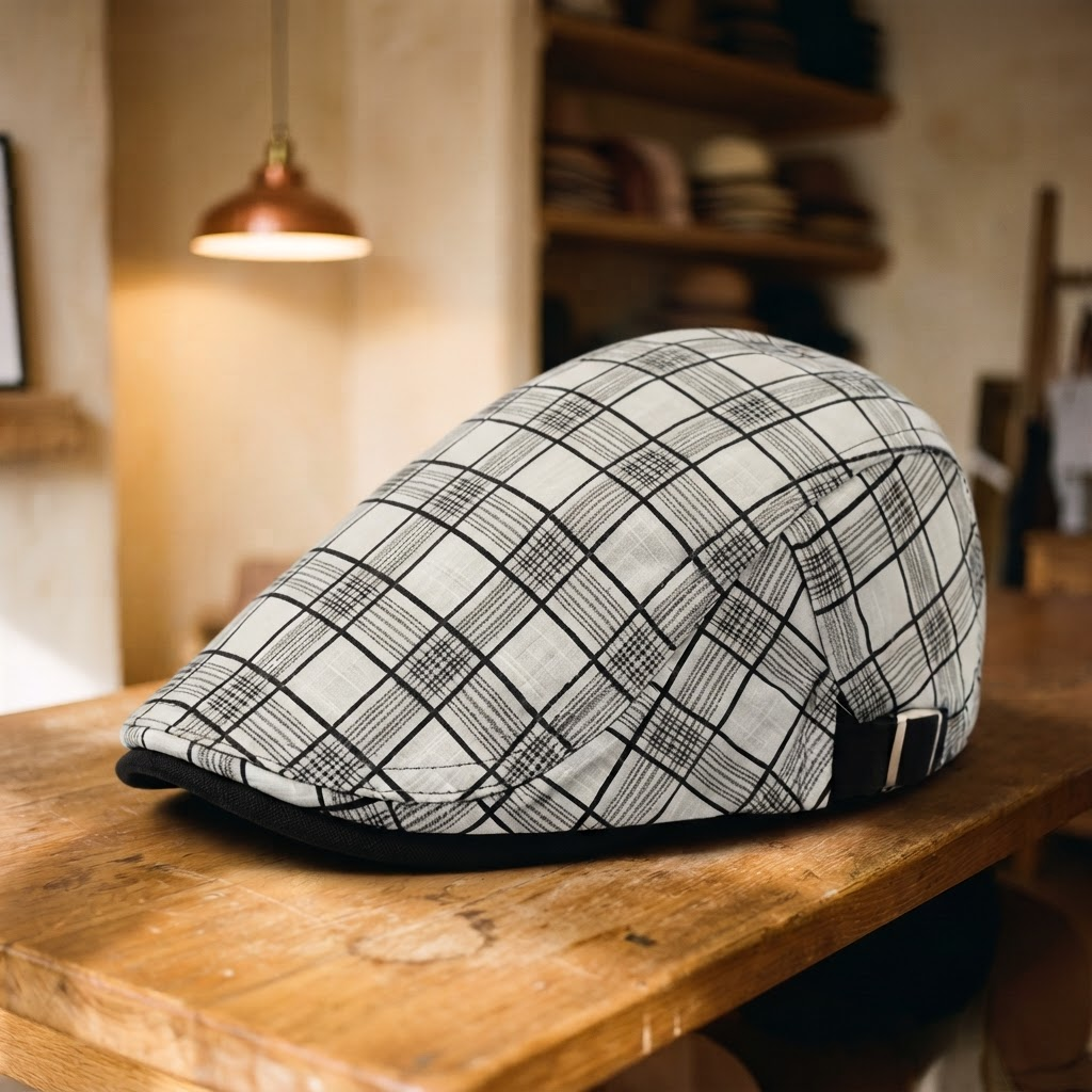 Frank's Caps — linen-cotton-plaid-flat-cap-wellington