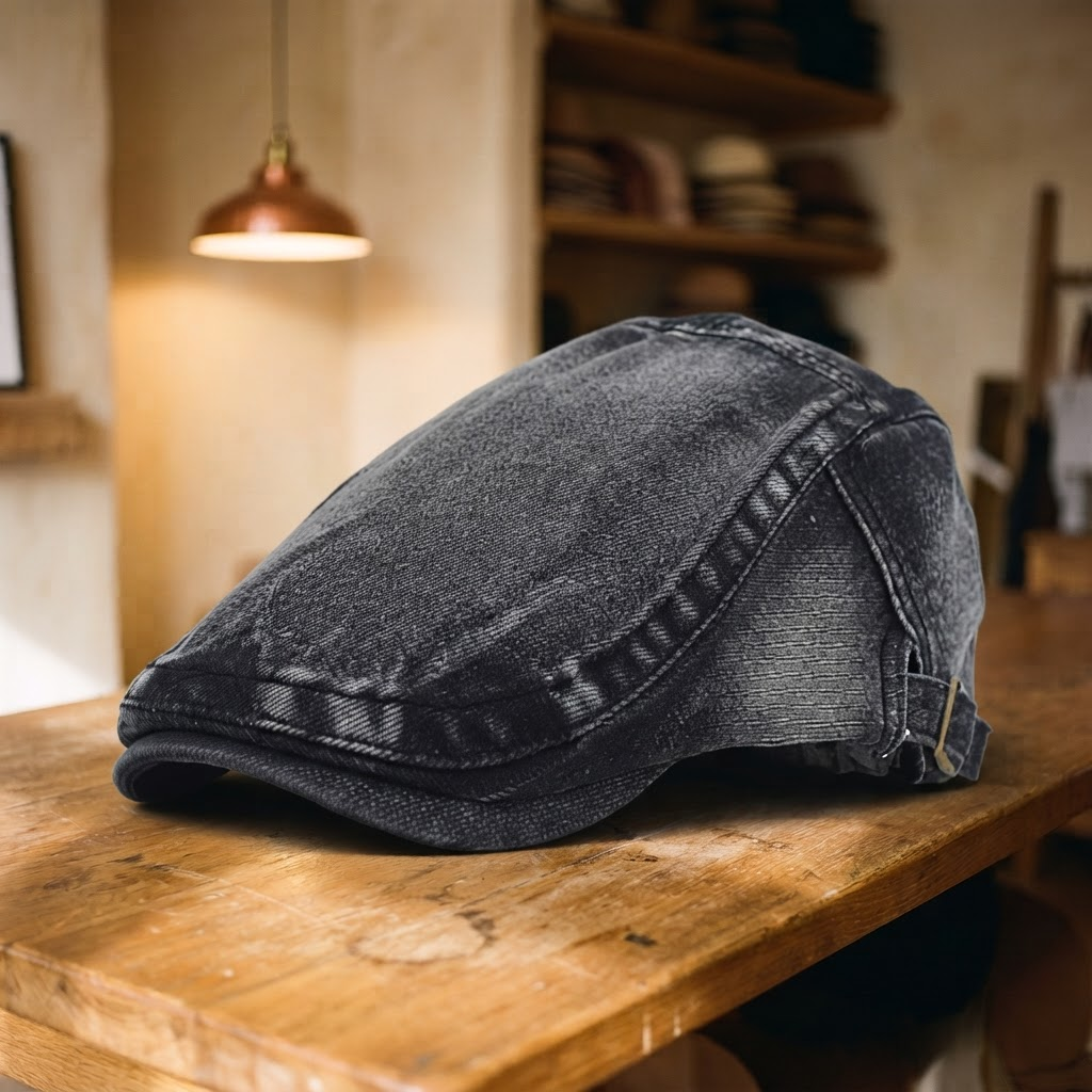 Frank's Caps — washed-denim-flat-cap-logan