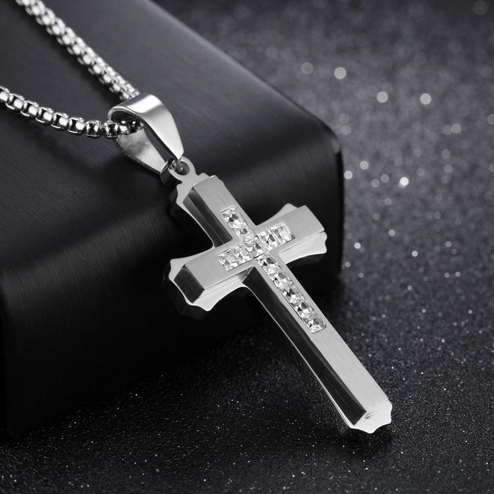 Men's Christian Necklace Silver Diamond
